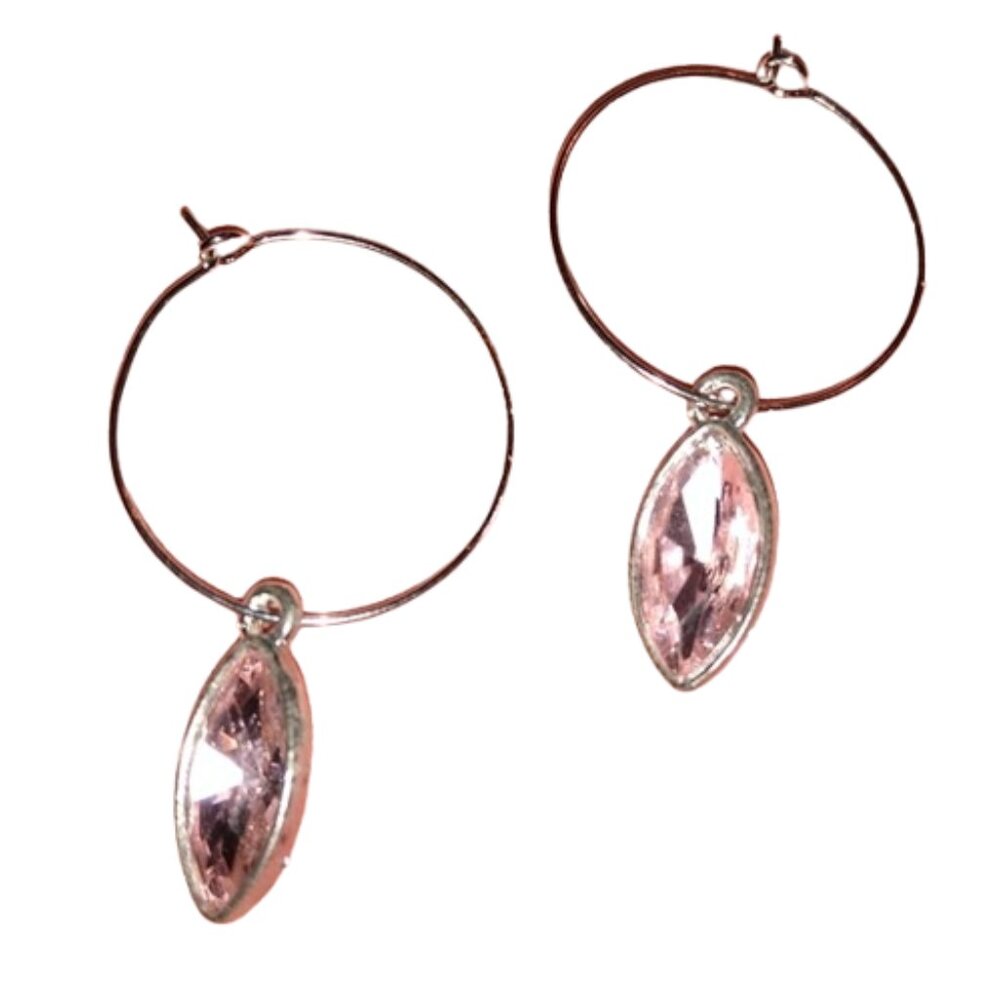 Pink Marquis Rhinestone Silver Hoop Earrings Crystal Steel Hoops KATTA Handmade